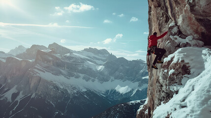 hobby persona escalando una montaña entre las rocas en un acantilado deporte extremo riesgo y adrenalina
