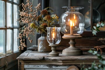 A Pair of Glass Candle Holders with a Warm Glow