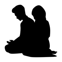 Black Silhouette of Muslim Praying. Isolated on White Background. Vector Illustration