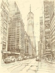 Artistic sketch of a busy urban street with tall buildings and cars, depicting a city's architectural essence and vibrant life.