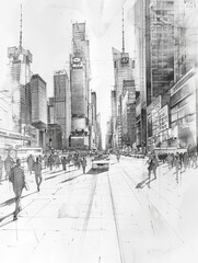 Fototapeta premium Black and white sketch of a bustling city street lined with high-rise buildings and crowded with pedestrians and cars.