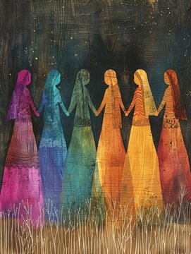 Colorful artistic depiction of six women holding hands in a circle, symbolizing unity and diversity with vibrant shades.