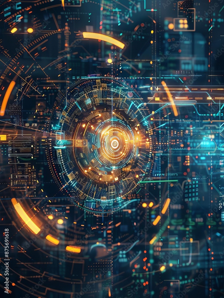 Poster futuristic digital interface with intricate technology patterns and glowing neon lights in a sci-fi 