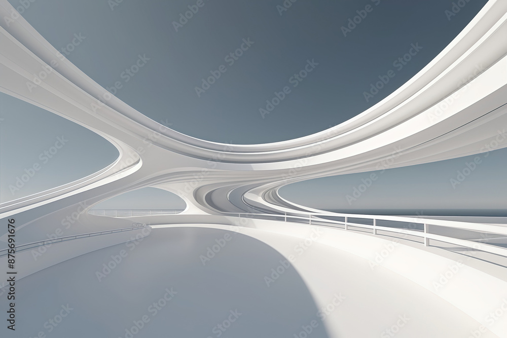 Poster abstract wave shape white building with floor 3d rendering