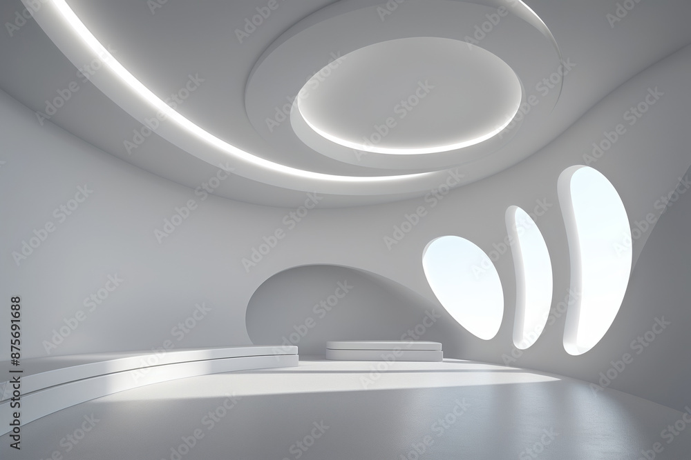 Poster abstract wave shape white building with floor 3d rendering