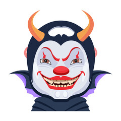 Clown evil face with devil horns, flat icon 

