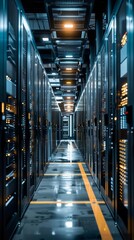 Obraz premium Modern data center infrastructure with illuminated servers and network equipment in a technologically advanced environment.