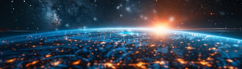 Obraz premium Space view of Earth with glowing city lights and rising sun with stars in the background, portraying a futuristic and cosmic landscape.