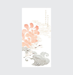 Japanese background with crane birds or herons element with peony flower vector. Hand drawn wave and chinese cloud decorations in vintage style. Watercolor painting with art abstract banner design.