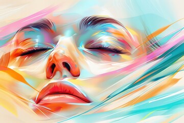 Fototapeta premium Vivid, abstract illustration of a woman's face with eyes closed, featuring bright, fluid colors and dynamic shapes.
