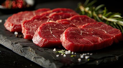 Fototapeta premium Four raw steak slices on a black slate board with salt, peppercorns, and rosemary garnishing on a rustic background.