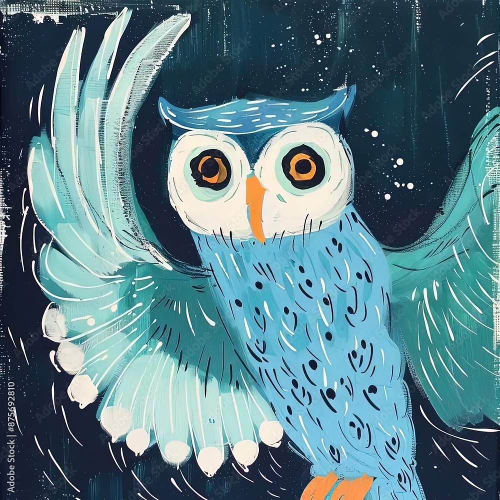 Canvas Prints a painting of a blue owl with orange eyes