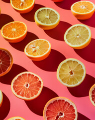 photo of vibrant citrus fruits against a pink background,  featuring oranges, lemons, limes, and grapefruits arranged in neat rows, with the center focus on one large red orange.