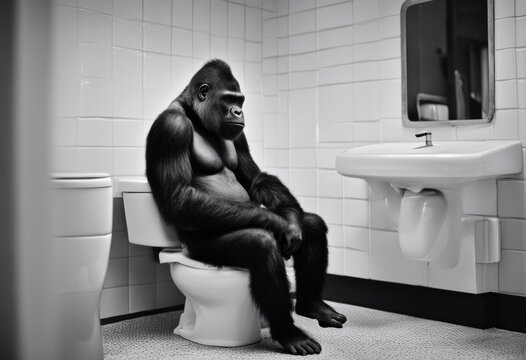 and surrealism bathroom portrait primate restroom interior funny gorilla black mammal sit toilet jungle zoo generative drawing wild art privies monkey safari wildlife poster quirky animal wc white sit
