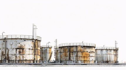 Ultra-high-definition image of a mineral oil storage tank farm, isolated on white, shot with Nikon D850 in 32k UHD, using focus stacking for maximum detail