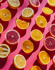 photo of vibrant citrus fruits against a pink background,  featuring oranges, lemons, limes, and grapefruits arranged in neat rows, with the center focus on one large red orange.