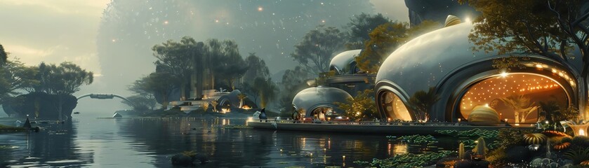 Futuristic cityscape with modern architecture by the water, blending nature and technology seamlessly in a serene environment at dusk.