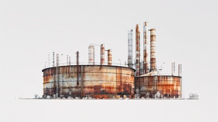 Obraz premium High-resolution image of a mineral oil storage tank farm, isolated on a white background, captured with a Nikon D850 in 32k UHD, featuring detailed focus stacking
