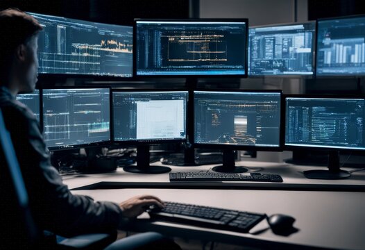 data center three displays software desktop doing blockchain hardware network programer show development professional concept working architecture computer technical datum room system office server ra