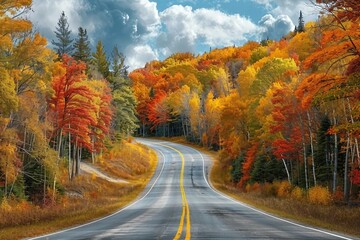 Fototapeta premium Autumn road trip. Highway in beautiful autumn landscape