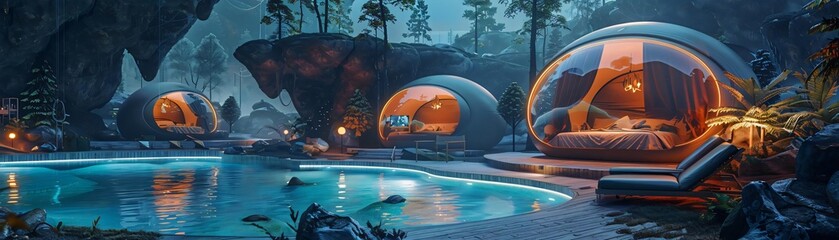 Futuristic domed cabins with panoramic windows nestled in a lush forest, featuring a serene pool reflecting vibrant lights amidst a magical ambiance.