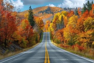 Fototapeta premium Autumn road trip. Highway in beautiful autumn landscape