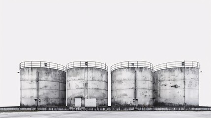 Fototapeta premium Ultra-high-definition image of a series of mineral oil storage tanks, isolated on a white background, shot with Nikon D850 in 32k UHD using focus stacking