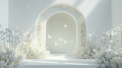 ethereal dreamy wedding stage design with soft light and shadow style and symmetrical composition, white empty podium for wedding event