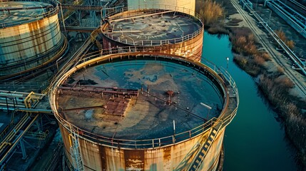 Ultra-high-definition image of a series of mineral oil storage tanks, isolated on a white background, shot with Nikon D850 in 32k UHD using focus stacking