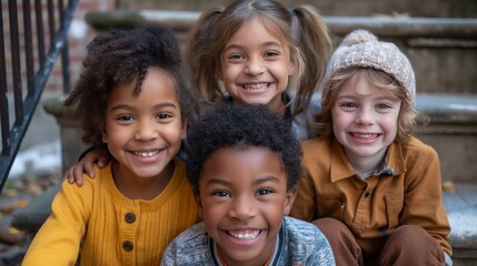 Happy mixed race school kids sitting together on staircase