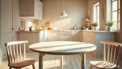 Fototapeta premium The image depicts a blurred modern kitchen interior background with a wooden table space for product montage.