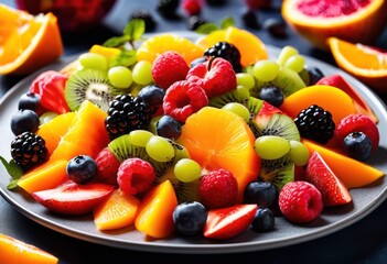 Obraz premium colorful fresh fruit salad vibrant fruits healthy eating concept, plate, delicious, nutritious, diet, variety, juicy, organic, natural, appetizing