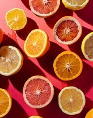 Obraz premium photo of vibrant citrus fruits against a pink background, featuring oranges, lemons, limes, and grapefruits arranged in neat rows, with the center focus on one large red orange.