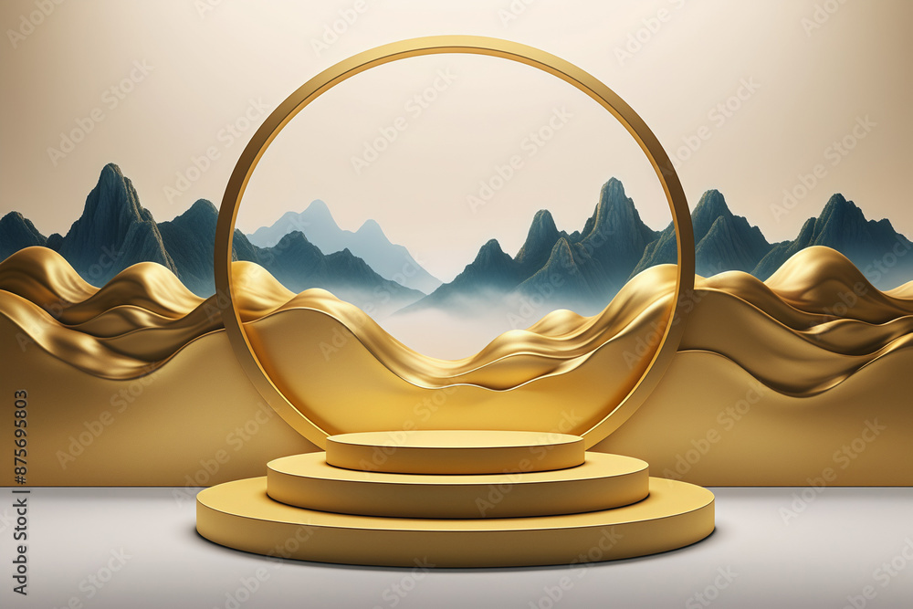 Poster still life display table product scene mountain background 3d rendering