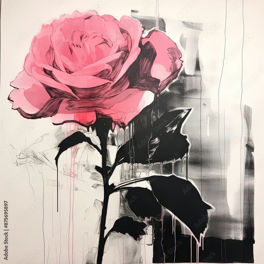 Poster a painting of a pink rose on a white background