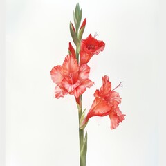 Watercolor painting of a red gladiolus against a white background