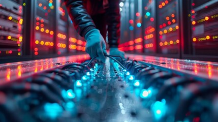 Network Technician Connecting Cables in Data Center - Generative AI