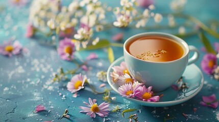 Fototapeta premium A serene cup of tea in a blue cup surrounded by colorful flowers on a vibrant blue background. Perfect for tea time and relaxation themes.