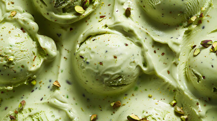 Fototapeta premium Close-up of multiple scoops of pistachio ice cream adorned with small pieces of pistachio nuts. Ideal for highlighting rich, nutty frozen desserts and gourmet food presentations.