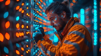 Technician working on a high-tech LED server - Generative AI