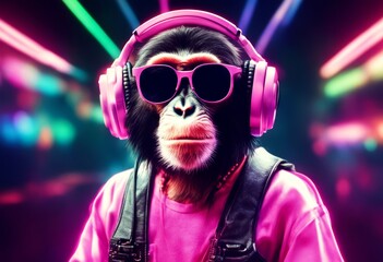 monkey in party with sunglasses dj cool music nightclub cartoon art character chimpanzee