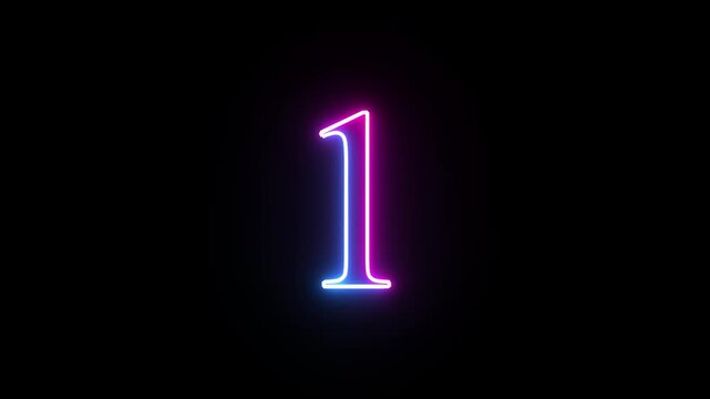Glowing neon numeric number 1 animation. Purple and blue neon font alpha number "1" on black background. Educational concept