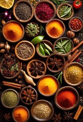 colorful spices herbs scattered food seasoning ingredients spread out, basil, bay, leaf, cardamom, chili, chive, cinnamon, clove, coriander, cumin