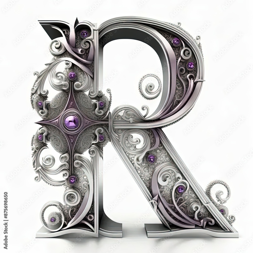 Wall mural the letter r is made up of silver and purple crystals