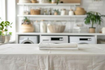 The closeup shot of a white table with a pristine tablecloth in a laundry room