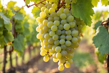 Fototapeta premium Close up of a delicious ripe grape hanging from the vines of an organic grape farm with copy space.