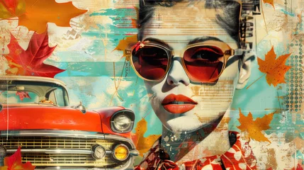 Tableau sur plexiglas  Vintage Glamour Woman with Retro Car, Autumn Leaves, and Sunglasses Art Collage  © kvladimirv