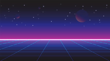 Retro background futuristic landscape 1980s style. Synthwave wireframe landscape.Digital retro landscape cyber surface. 80s party background.	