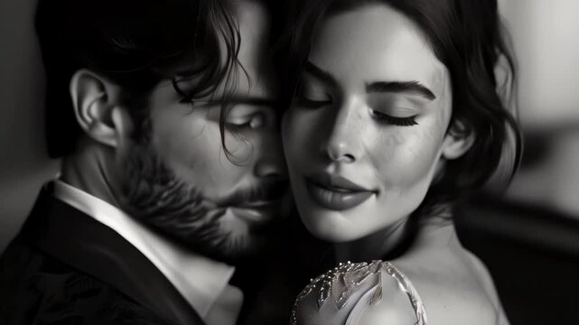 Couple embraces in black and white portrait