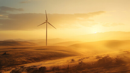Fototapeta premium A wind turbine at sunset with a golden sky in the background with copy space